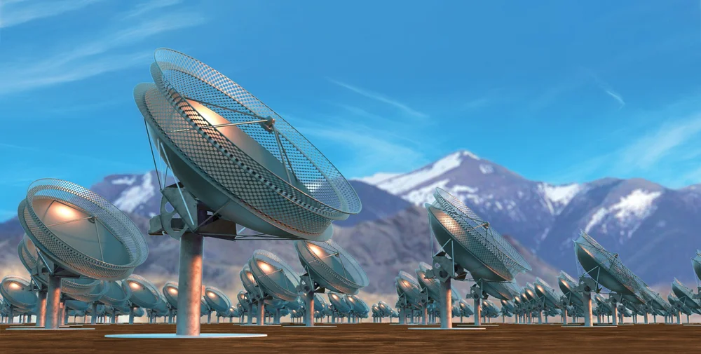 Deep Synoptic Array linear antenna array in the desert.